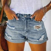 Aayomet Comfy Shorts For Women Distressed Denim Shorts Women Cut Off Stretchy Ripped Jean Shorts Blue,L